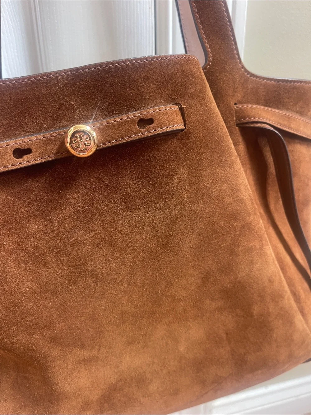 Tory Burch Large Romy Caramel Suede Shoulder Tote Bag
